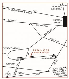Line map showing the position of The Barn at The Manor House, West Compton, Shepton Mallet, Somerset, BA4 4PB